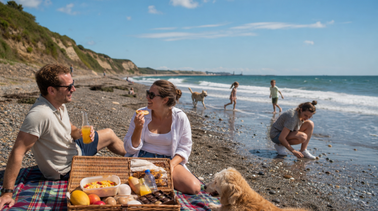 Create a realistic editorial lifestyle image of a restorative summer picnic at Seaham Glass Beach on the North Sea, showing a happy couple relaxing on a beach blanket beside a woven picnic basket filled with pasta, mangoes, sweets, juice, eggs, water, and chocolates. One person is crouched near the shoreline searching for sparkling transparent sea-glass stones, while children play, dogs run, and gentle waves roll in beneath a vivid blue sky with a few soft clouds. Capture a warm, candid, family-friendly long-weekend atmosphere after a draining workweek, with natural sunlight, crisp coastal details, subtle glass-stone sparkle, polished magazine-style realism, and no text, logos, or branding.